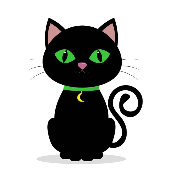 Gato negro con ojos verdes, en el cuello de un medoleno en forma de luna sobre una cinta verde, aislado sobre un fondo blanco . — Archivo Imágenes Vectoriales