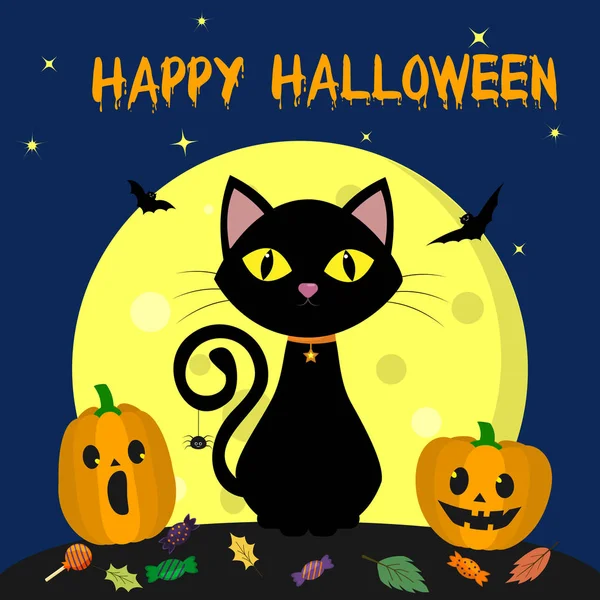 Happy Halloween. The Halloween cat sits against the full moon at night. Two pumpkins, candy and leaves, volatile vampires and stars. — Free Stock Photo