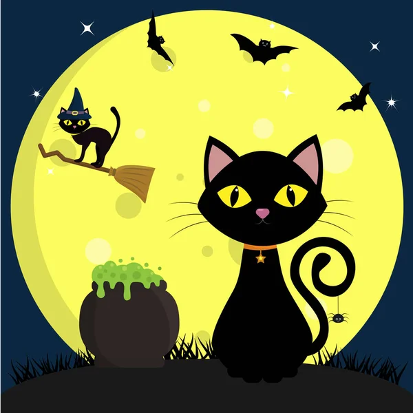 Glad halloween. En svart katt sitter bredvid en pott av potions. En annan katt i hatt av en häxa flyger på en kvast, mot en fullmåne på natten. Flygande vampyrer och stjärnor. — Stock vektor