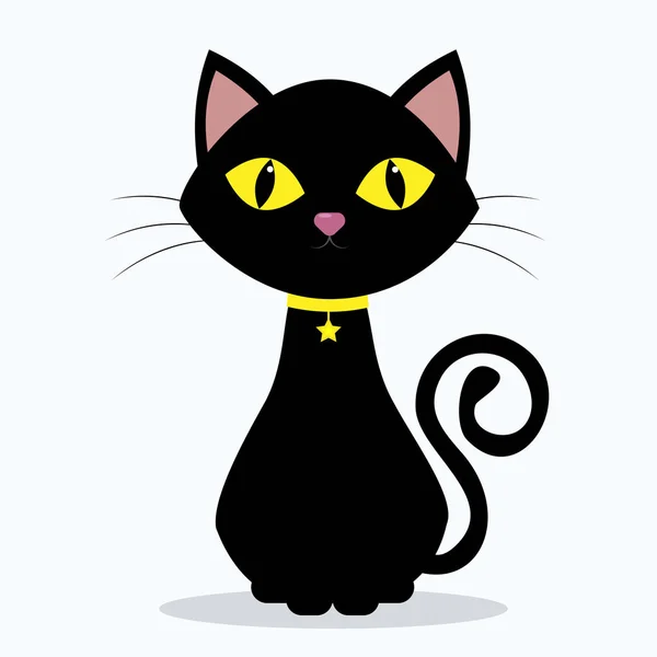 Black cat with yellow eyes, on the neck of a medallion in the shape of a star on a yellow ribbon, isolated on a white background. — Stock Vector