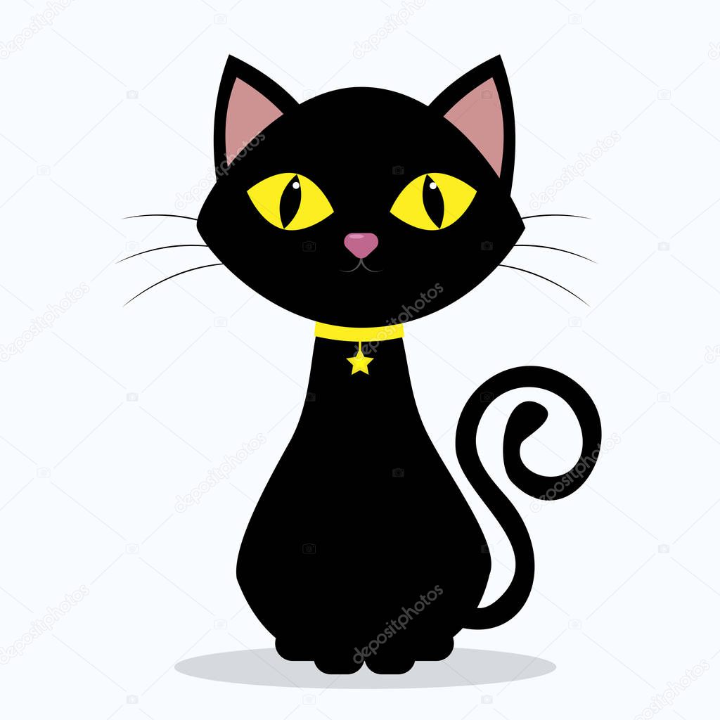 Black cat with yellow eyes, on the neck of a medallion in the shape of a star on a yellow ribbon, isolated on a white background.