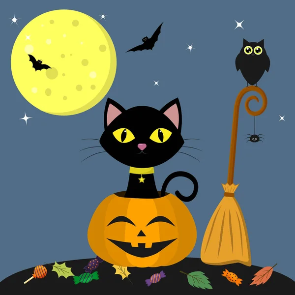 Feliz Halloween. El gato de Halloween se sienta contra la luna llena por la  noche. Dos calabazas, dulces y hojas, vampiros volátiles y estrellas . -  Vector de stock gratis © Lanamay #213027148