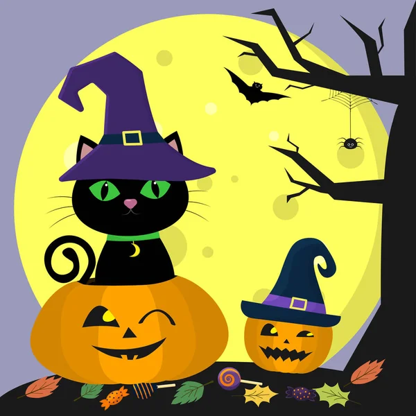 Feliz Halloween Gato Negro Sombrero Bruja Sienta Una Calabaza Calabaza — Vector de stock