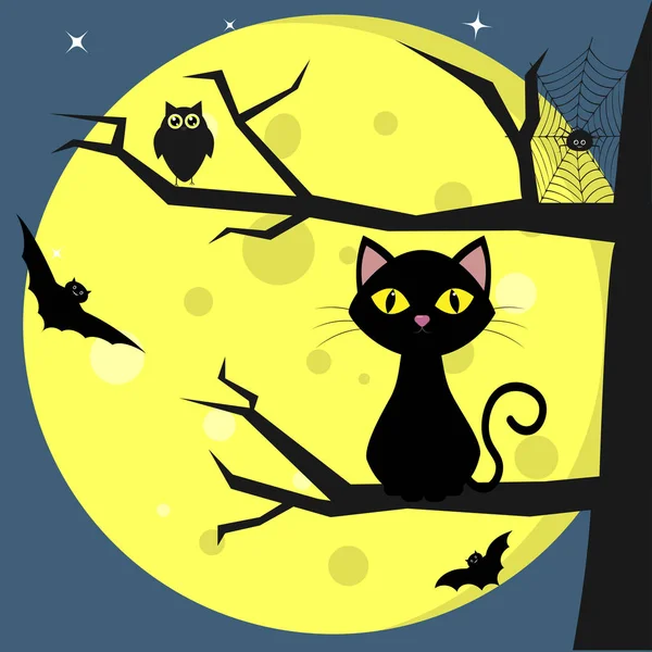 Glad Halloween Svart Katt Sitter Ett Träd Mot Bakgrund Fullmåne — Stock vektor