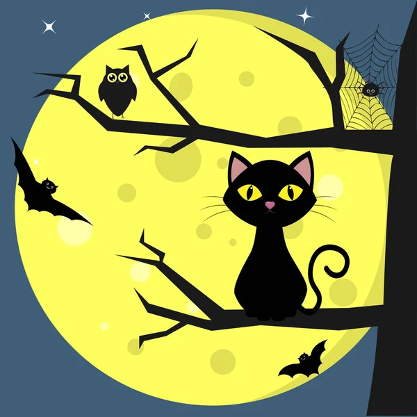 Cadılar Bayramınız Kutlu Olsun. Siyah bir kedi dolunay geceleri çerçevede bir ağaca oturur. Baykuş, örümcek, örümcek ağları, uçucu vampirler. Sonbahar tatil. Vektör, düz stil, çizgi film.
