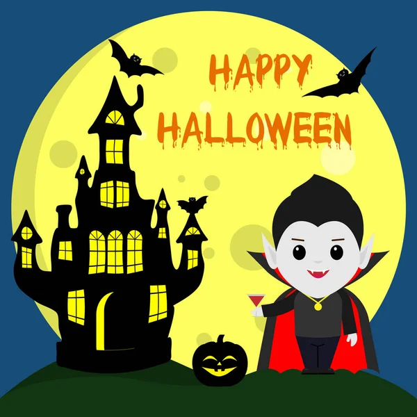 Feliz Halloween Vampiro Drácula Estilo Caricatura Encuentra Junto Castillo Fondo — Vector de stock