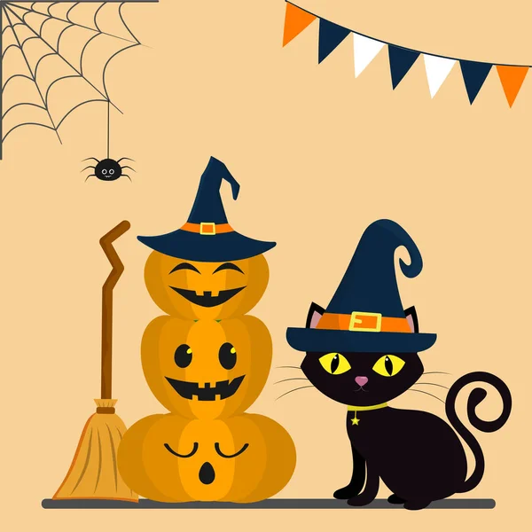 Halloween fericit. Trei dovleci unul pe altul, în pălăria unei vrăjitoare. O pisică neagră stă în spatele dovlecilor. O pânză şi un păianjen, steaguri . — Vector de stoc