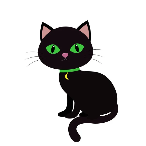 Un gato negro con ojos verdes, se sienta de lado. Un cuello de medallón en forma de luna sobre una cinta verde, aislado sobre un fondo blanco . — Archivo Imágenes Vectoriales