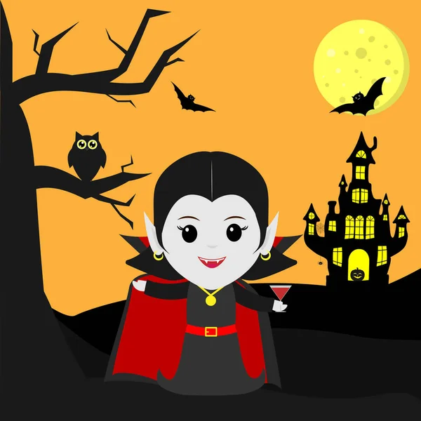 Feliz Halloween. Vampiro Drácula en el estilo de la caricatura se encuentra junto al castillo en el fondo de la luna por la noche. Toma un cóctel. Un árbol, un búho, vampiros voladores y estrellas . — Archivo Imágenes Vectoriales