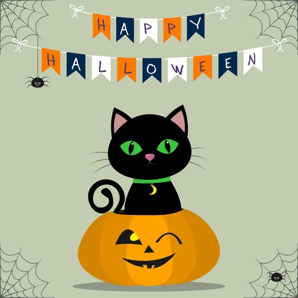 Feliz Halloween. Un gato negro está sentado en una calabaza. Decoración de banderas, tela de araña y araña . — Vector de stock