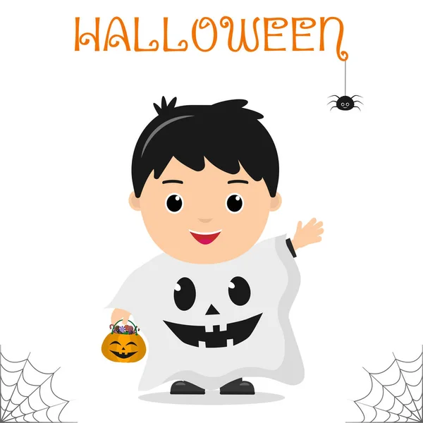 Lindo niño vestido con traje fantasma espeluznante sosteniendo una calabaza con caramelos, celebrando en una fiesta de Halloween, aislado sobre un fondo blanco . — Vector de stock