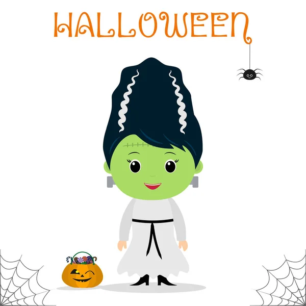 Mignon Enfant Vêtu Costume Mariée Frankenstein Citrouille Avec Des Bonbons — Image vectorielle