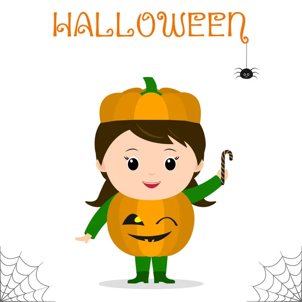 Enfant Mignon Habillé Costume Citrouille Halloween Avec Des Bonbons Célébrant — Image vectorielle