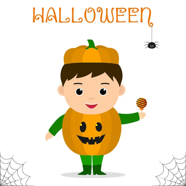Roztomilé Dítě Oblečený Kostýmu Halloween Dýně Bonbóny Slaví Halloween Party — Stockový vektor