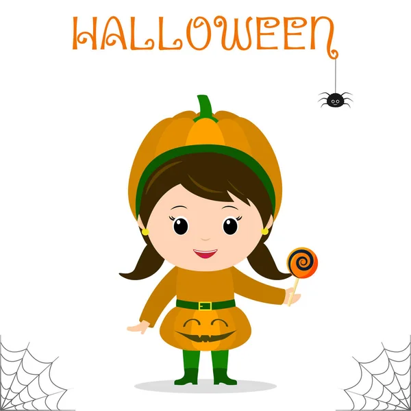 Lindo Niño Vestido Con Traje Calabaza Halloween Con Caramelos Celebrando — Vector de stock
