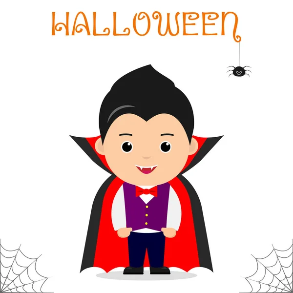 Lindo niño vestido con un traje de vampiro Drácula en un impermeable, celebrando en una fiesta de Halloween, aislado sobre un fondo blanco . — Vector de stock