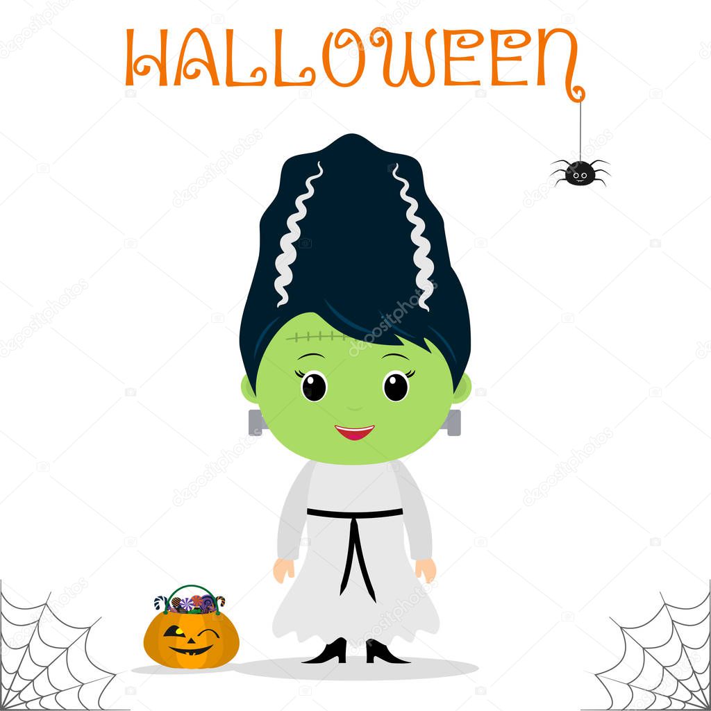 Cute child dressed in a Frankenstein bride costume, pumpkin with candies, celebration at a Halloween party, isolated on a white background. Flat style, cartoon, vector.