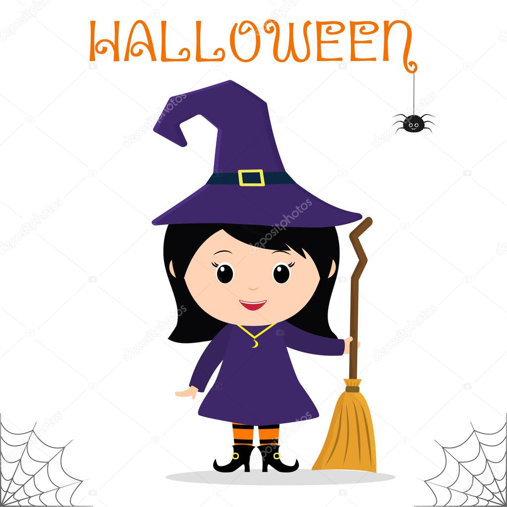 Cute child dressed in a witch costume wearing a hat and with a broom celebrating at a Halloween party isolated on a white background.