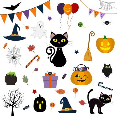 Cadılar Bayramı 'nda beyaz bir arka planda izole edilmiş şirin elementler, nesneler ve simgeler dizaynınız için çizgi film stili. Vektör, düz.