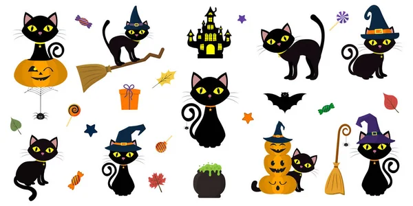Halloween Fericit Mega Set Pisică Neagră Ochi Galbeni Diferite Poziții — Vector de stoc