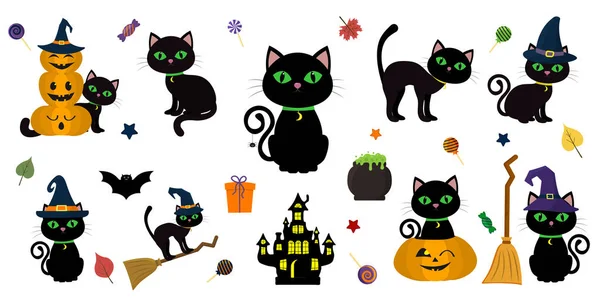 Feliz Halloween Mega Juego Gato Negro Con Ojos Verdes Diferentes — Vector de stock