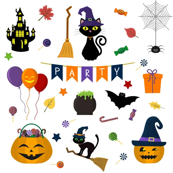 Halloween Sada Roztomilých Prvků Objektů Ikon Pro Váš Design Kresleném — Stockový vektor