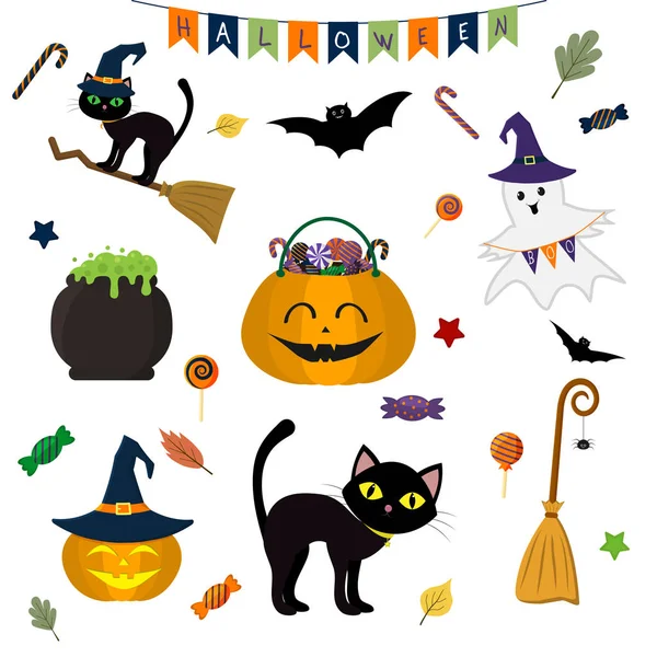 Conjunto Elementos Lindos Objetos Iconos Halloween Para Diseño Estilo Dibujos — Vector de stock