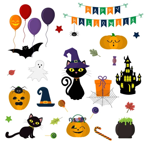 Conjunto Elementos Lindos Objetos Iconos Halloween Para Diseño Estilo Dibujos — Archivo Imágenes Vectoriales
