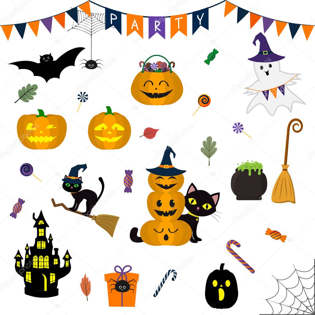 Halloween set of cute elements, objects and icons for your design in a cartoon style, isolated on a white background. Vector, flat.