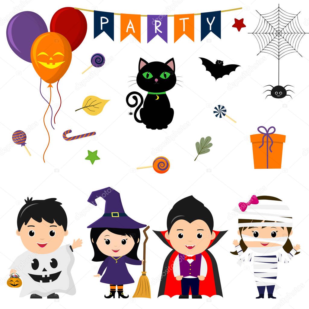 Set of four cute kids in costumes for Halloween, elements, objects and icons for your design in cartoon style, isolated on white background. Vector, flat style.