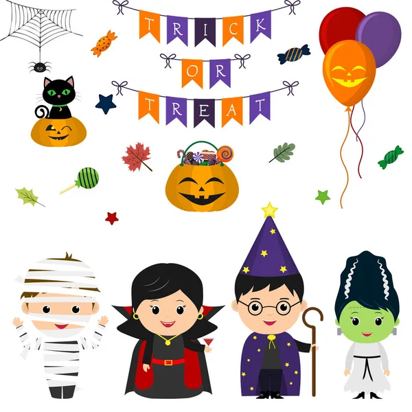 Jelmezek Halloween Elemek Tárgyak Ikonok Design Rajzfilm Stílusú Elszigetelt Fehér — Stock Vector