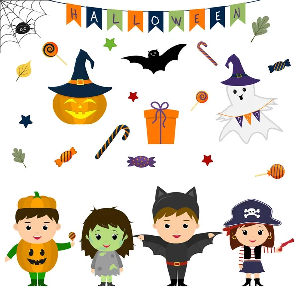 Set Patru Copii Drăguți Costume Halloween Elemente Obiecte Icoane Pentru — Vector de stoc