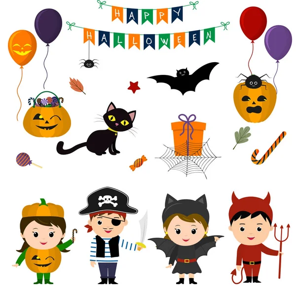 Conjunto Cuatro Niños Lindos Trajes Para Halloween Elementos Objetos Iconos — Vector de stock