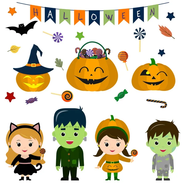 Conjunto Cuatro Niños Lindos Trajes Para Halloween Elementos Objetos Iconos — Vector de stock