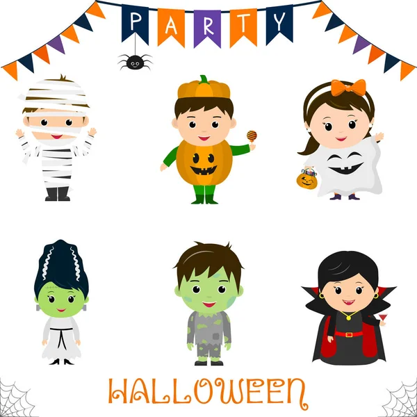 Halloween Party Kinder Zeichensatz Kinder Bunten Halloween Kostümen Mumie Kürbis — Stockvektor