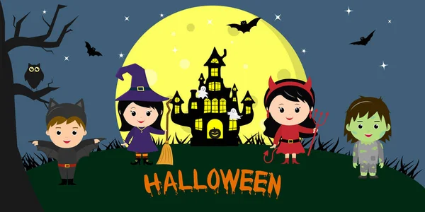 Happy Halloween Halloween Party Children Characters Different Costumes Background Full — Stock Vector