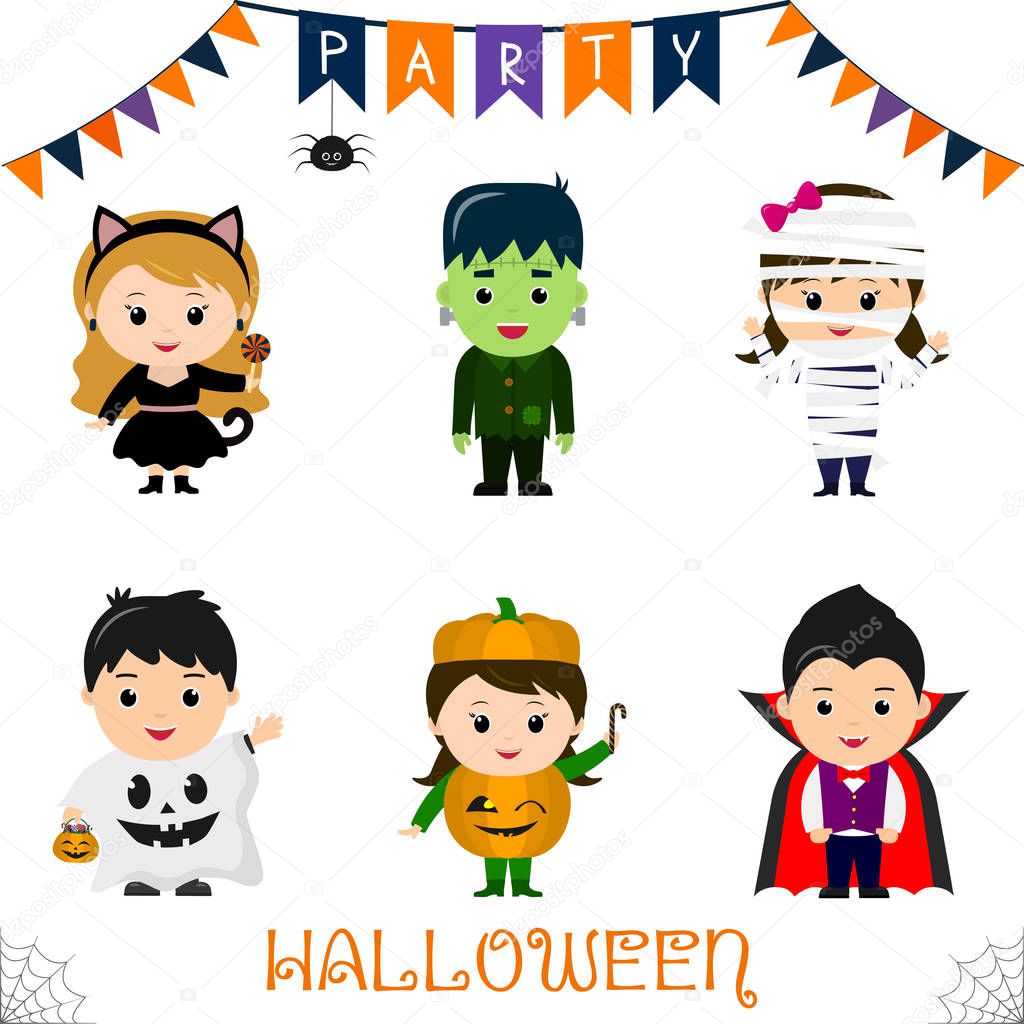 Halloween party kids character set. Children in a colorful Halloween costumes a black cat, a monster, a mummy, a ghost, a pumpkin, a vampire in a cartoon style. Vector, flat.