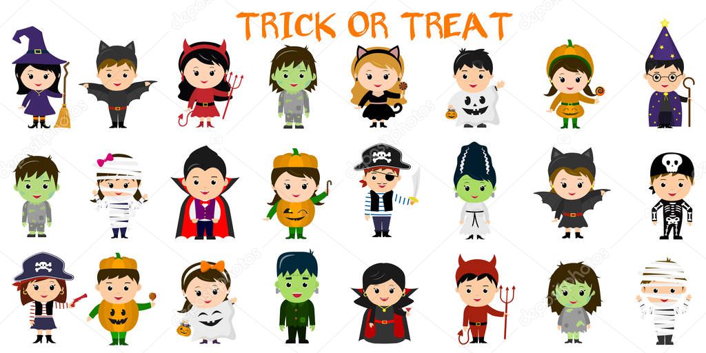 Mega set of Halloween party characters. Twenty four children in different costumes for Halloween on a white background . Cartoon, flat, vector.