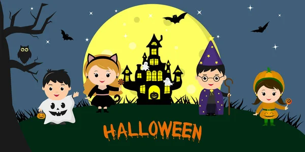 Feliz Halloween Fiesta Halloween Niños Personajes Con Diferentes Disfraces Sobre — Vector de stock