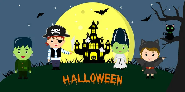 Veselý Halloween Halloween Party Děti Postav Různých Kostýmech Pozadí Úplňku — Stockový vektor