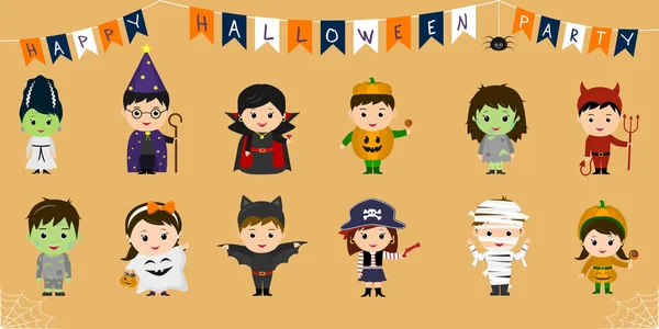 Mega Sada Halloween Party Znaků Dvanáct Roztomilé Děti Různých Kostýmů — Stockový vektor
