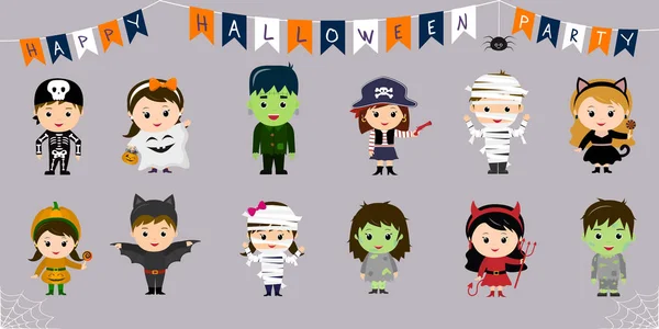 Mega Sada Symbolů Halloween Dvanáct Dost Dětí Různých Kostýmů Pro — Stockový vektor