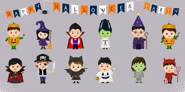 Mega Conjunto Símbolos Halloween Doce Niños Bonitos Con Diferentes Disfraces — Vector de stock