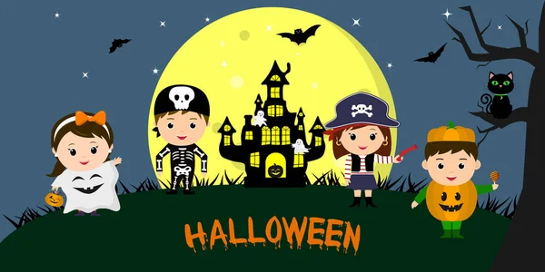 Happy Halloween Halloween Party Children Characters Different Costumes Background Full — Stock Vector