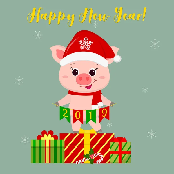 Gelukkig Nieuwjaar en Merry Christmas Greeting Card. leuk varken in Kerstman hoed en sjaal bedrijf vlaggen 2019. Staande op de doos met een geschenk. Het symbool van het nieuwe jaar in de Chinese kalender. Vector — Stockvector