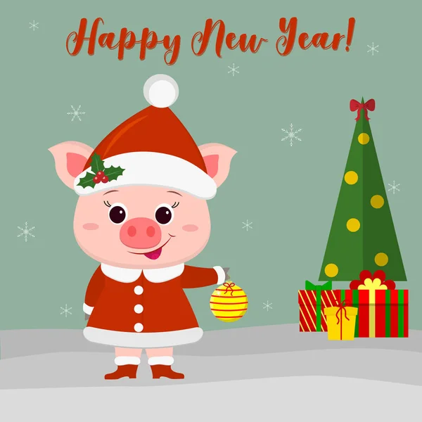 크리스마스 트리에 대 한 공을 들고 산타 옷에서 행복 한 새 해와 메리 크리스마스 인사 카드 귀여운 돼지. 크리스마스 트리, 선물 및 눈송이 중국의 새 해의 상징 — 스톡 벡터