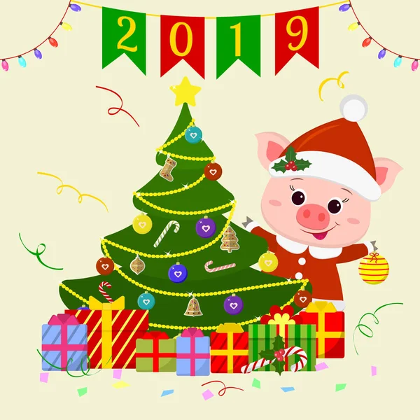 Veselé Vánoce a šťastný nový rok blahopřání. Roztomilý prase v Santa kostým je stojící za vánoční stromek a držení míče pro vánoční strom. Symbolem nového roku v čínské — Stockový vektor