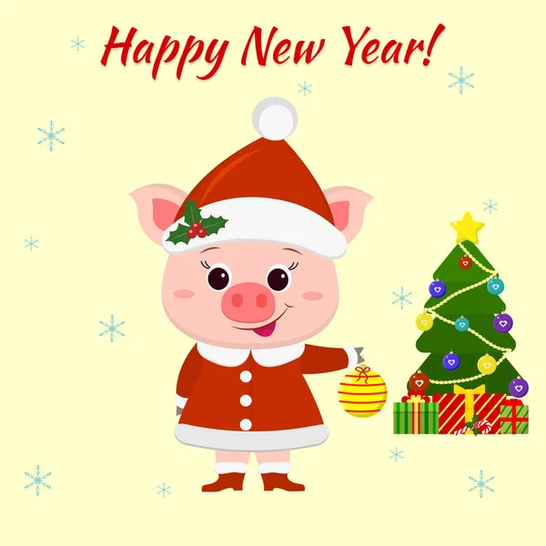 새 해 복과 메리 크리스마스 인사말 카드 귀여운 돼지 크리스마스 트리에 대 한 공을 산타 복장 크리스마스 트리 고 선물 상자입니다. 중국의 새 해의 상징 — 스톡 벡터