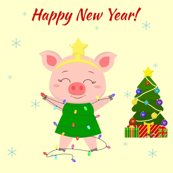 새 해 복 많이 받으세요 그리고 즐거운 성 탄 인사말 카드입니다. 크리스마스 트리 이미지에 귀여운 돼지 garlands, 크리스마스 트리 및 선물 상자를 보유 하고있다. 중국 달력의 새 해의 상징 — 스톡 벡터