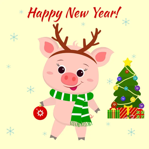 새 해 복 많이 받으세요 그리고 즐거운 성 탄 인사말 카드입니다. 사슴 뿔에 줄무늬 스카프의 귀여운 돼지 중국 달력의 새 해의 상징. 2019 벡터 — 스톡 벡터